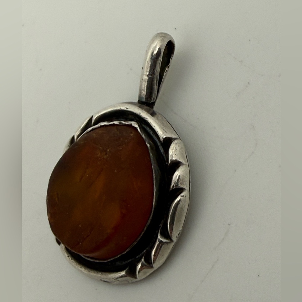 Vintage Signed FM Sterling Silver Natural Amber Pendant Artist Hallmarked